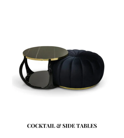 High gloss black lacquered limbs clasp a Sahara Noir marble top and a seamed round upholstered ottoman with a polished brass base to compose the intriguing Embrace Cocktail Table Ottoman combo.