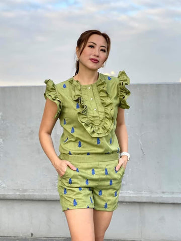 Anthologie - Ruffled Green Barong Tagalog and Shorts Set