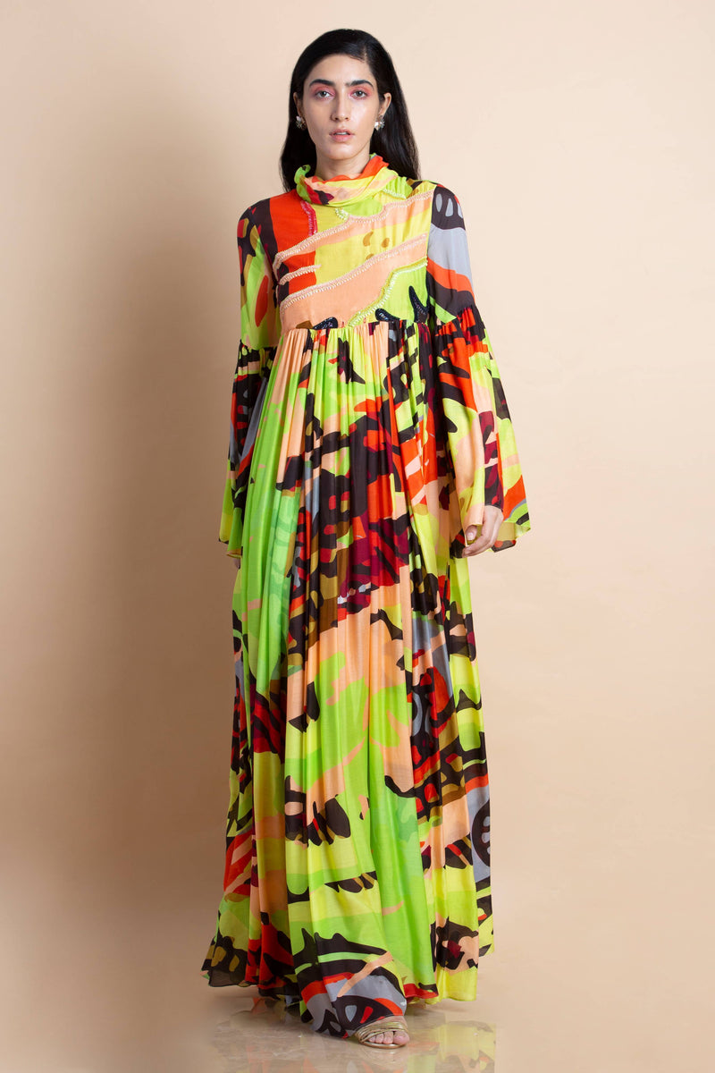 Printed And Embroidered Dress In Cotton Silk - Kavvach 