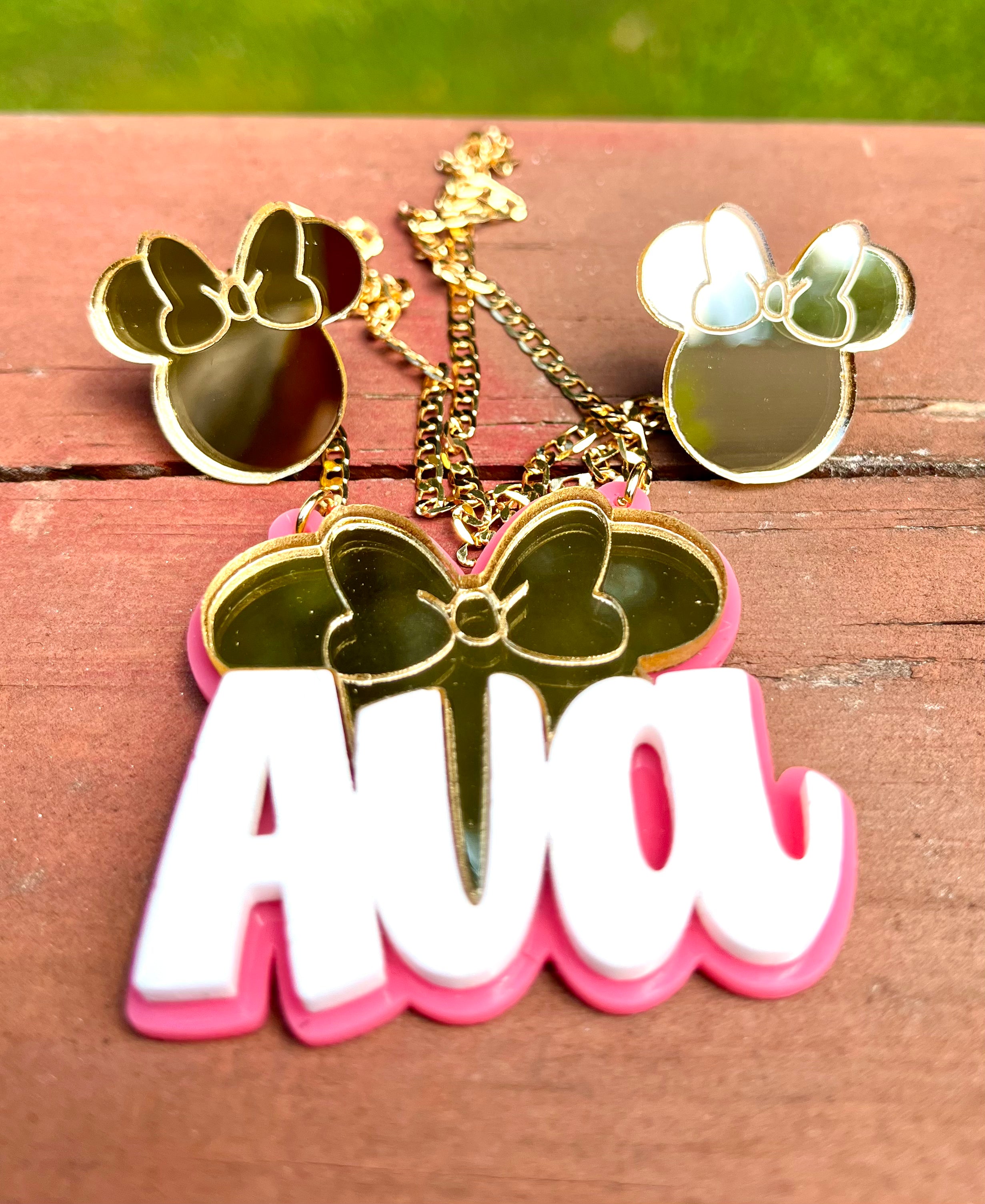 MINNIE ME EARRINGS/NECKLACE NAMEPLATE SET - HOLIDAY SALE
