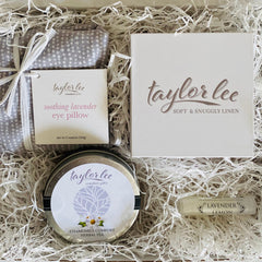 Taylor Lee Comfort_So Sorry For Your Loss comfort kit with eye pillow, lip balm, tea, and candle