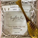 Taylor Lee Comfort-Vanilla and oat bath soak-gold fish bath stir-gold arrow brave earrings