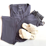 Cool gray pajamas with short sleeve top and drawstring pants with ivory colored faux fur slippers-Taylor Lee Comfort