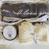 gray blanket with I love you in script-small tin of tea-ivory soft socks- ultimate comfort kit- taylor lee comfort