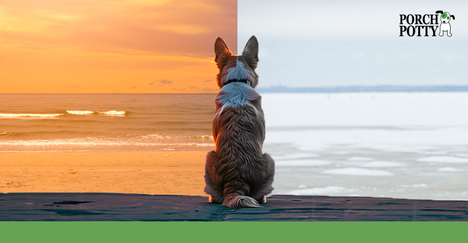 An Australian Shepherd sits and looks over the Canadian coastline in summer and in winter