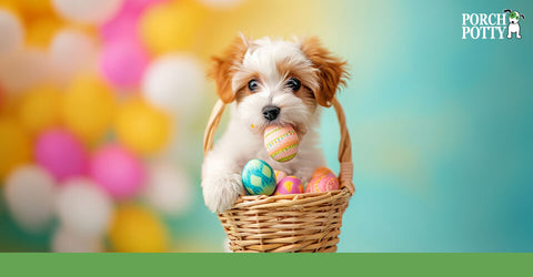 A fluffy pup sits in a basket of colourful Easter eggs