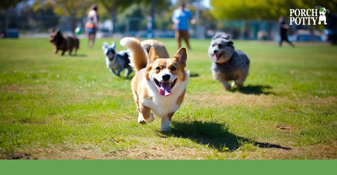 A Corgi runs in a dog park full of friends