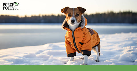 A Jack Russell Terrier braves the snow in a winter jacket