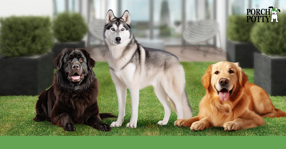 Three Canadian dog breeds lay down on a green field: a Newfoundland, a Husky, and a Labrador Retriever