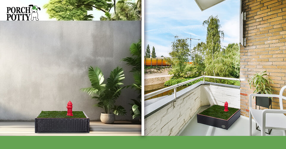 A Porch Potty Small is set up in two different settings: one in a garage, one on a balcony