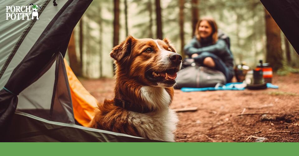 A big fluffy dog hangs out at a campsite