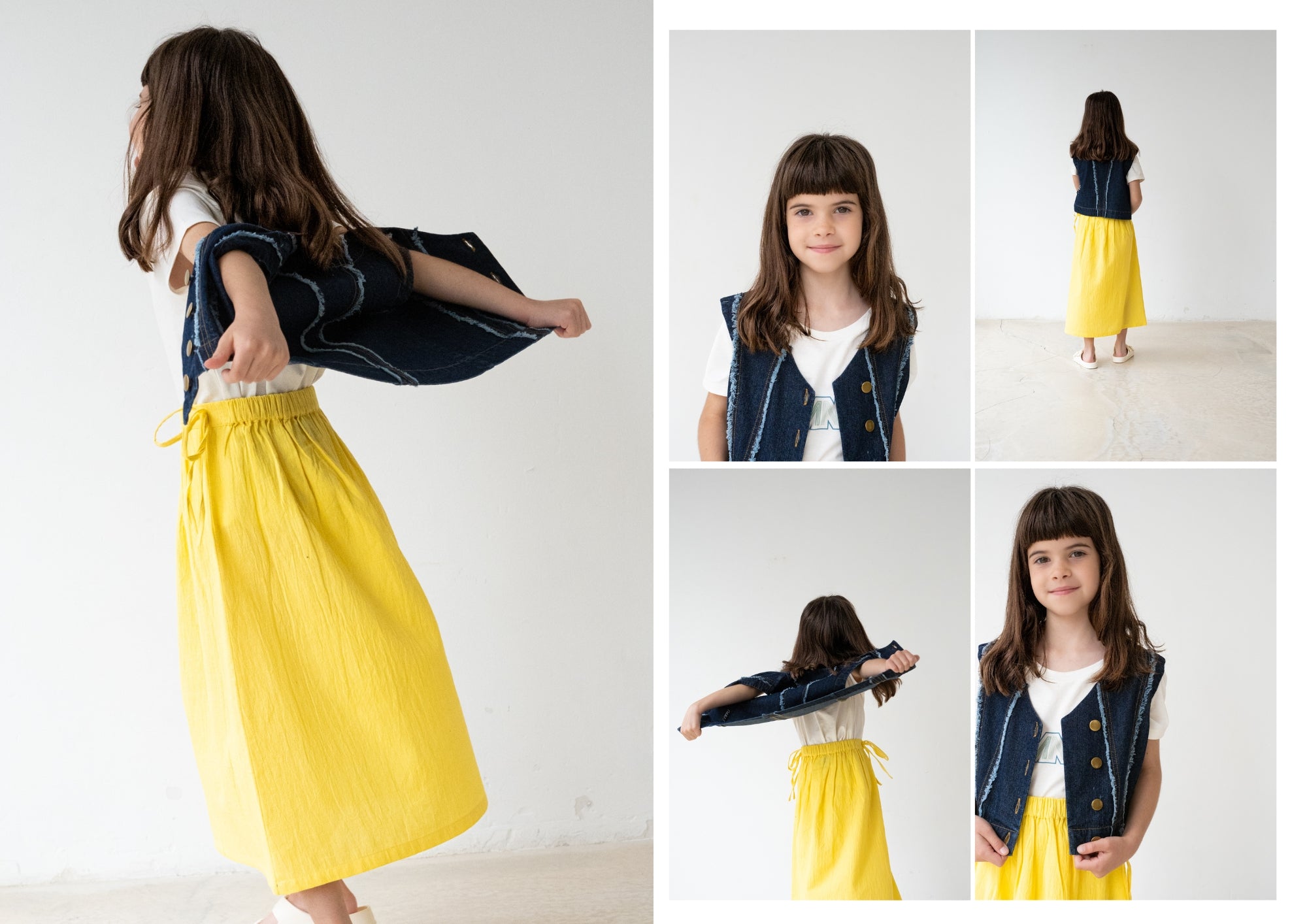 Girl in denim vest and yellow printed skirt