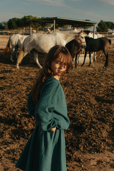 girl in lmn3 green top and green skirt standing in front of the horses