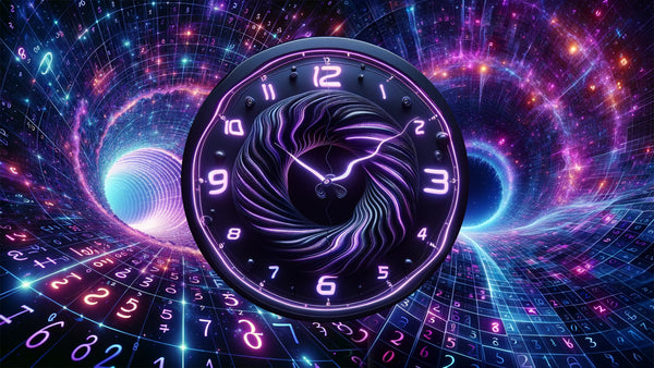 A surreal image blending elements of time and the cosmos with a prominent clock featuring a swirling vortex at its center, set against a vibrant background of a nebula and numerical grids.
