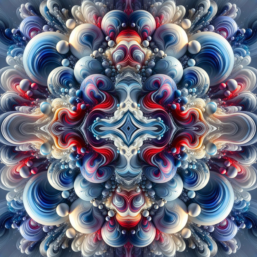 Elaborate fractal art with intricate swirls and spherical elements in a symmetrical pattern featuring a blend of cool blues and warm reds.