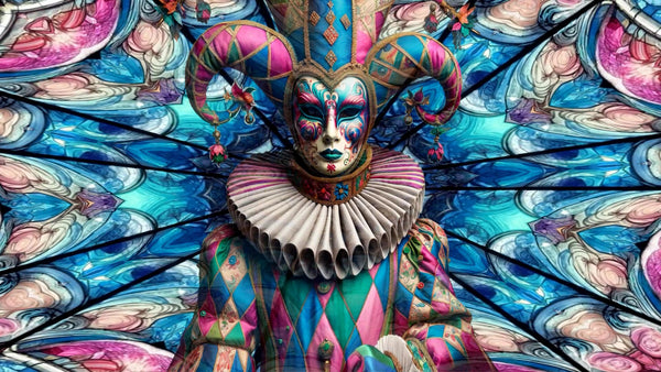 A symmetrical, kaleidoscopic image of a jester in a multicolored costume with a mask and a traditional two-pointed hat set against a paisley-patterned background.