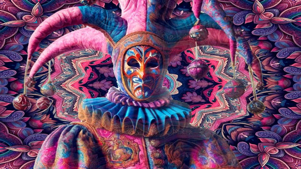 A symmetrical, kaleidoscopic image of a jester in a multicolored costume with a mask and a traditional two-pointed hat set against a paisley-patterned background.