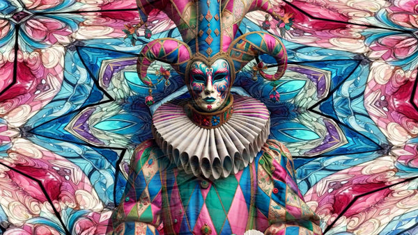 A symmetrical, kaleidoscopic image of a jester in a multicolored costume with a mask and a traditional two-pointed hat set against a paisley-patterned background.