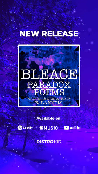 Poetry Album Cover, purple abstract painting in the background, with white text in the foreground that reads ‘Bleace Paradox Written and Narrated by R. Lannom.’