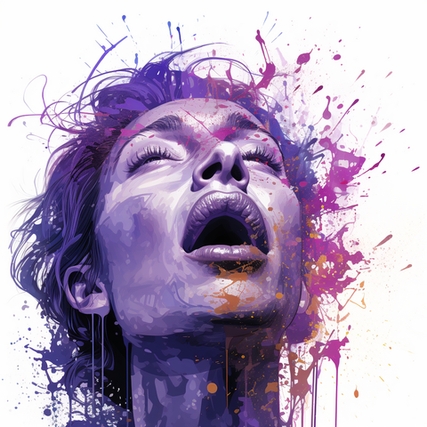 Midjourney AI Art portrayal of a woman moaning in Splashed Purple Paint