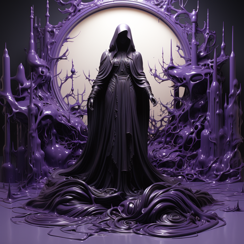 Midjourney AI Art, person wearing a black cloak with purple paint splatter in the background