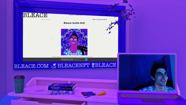 Live Stream screenshot image of a 3D design of a computer desk with a laptop screen on the lower right used as a frame for a webcam image and a screen in the background inside a purple frame of the Bleace.com website. On the computer desk are two 3 dimensional science fiction books, Bleace and Bleace Paradox, a coffee mug and a banana. 