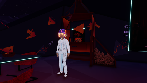 Doritos Brand Digital Fashion that is the color red and has floating chips around the body of the three digital avatars standing in the foreground with a virtual plot of land in the Decentraland metaverse platform.