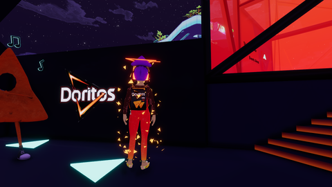 Doritos Brand Digital Fashion that is the color red and has floating chips around the body of the three digital avatars standing in the foreground with a virtual plot of land in the Decentraland metaverse platform.