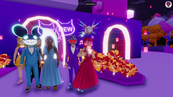 Digital Avatars wearing Digital Fashion in the foreground at a Metaverse Wedding and a reception full of avatars in the background at a Taco Bell reception taking place in Decentraland.