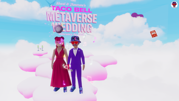 Digital Avatars wearing Digital Fashion in the foreground at a Metaverse Wedding and a reception full of avatars in the background at a Taco Bell reception taking place in Decentraland.