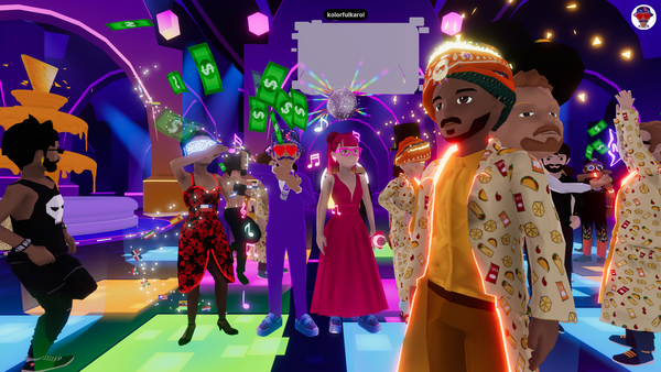 Digital Avatars wearing Digital Fashion in the foreground at a Metaverse Wedding and a reception full of avatars in the background at a Taco Bell reception taking place in Decentraland.