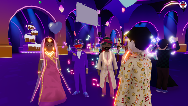 Digital Avatars wearing Digital Fashion in the foreground at a Metaverse Wedding and a reception full of avatars in the background at a Taco Bell reception taking place in Decentraland.