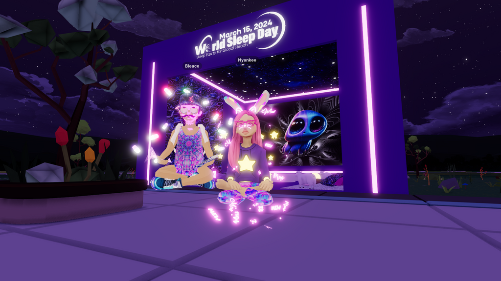 Digital avatars meditating in a virtual environment adorned with neon lights and cosmic visuals, celebrating World Sleep Day 2024, promoting sleep equity for global health.