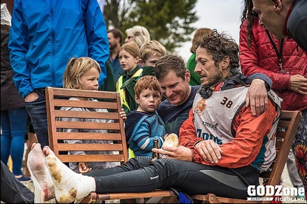 Pictured here at the finish line at Lake Te Anau is Andy Magness, from Bend Racing/Fear Society.