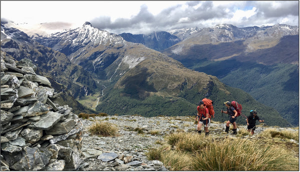 people trekking up  a new zealand mountain with packs on