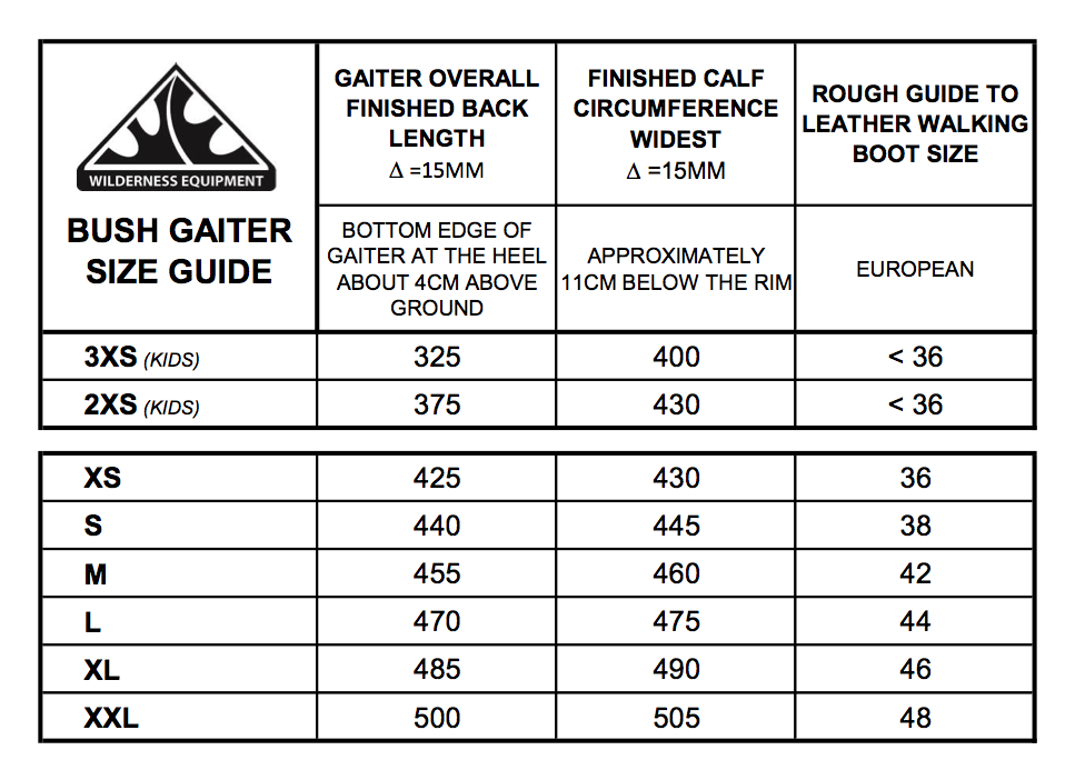 Wilderness Equipment Bush Gaiter Sizing Chart Charol and Black available at Further Faster NZ