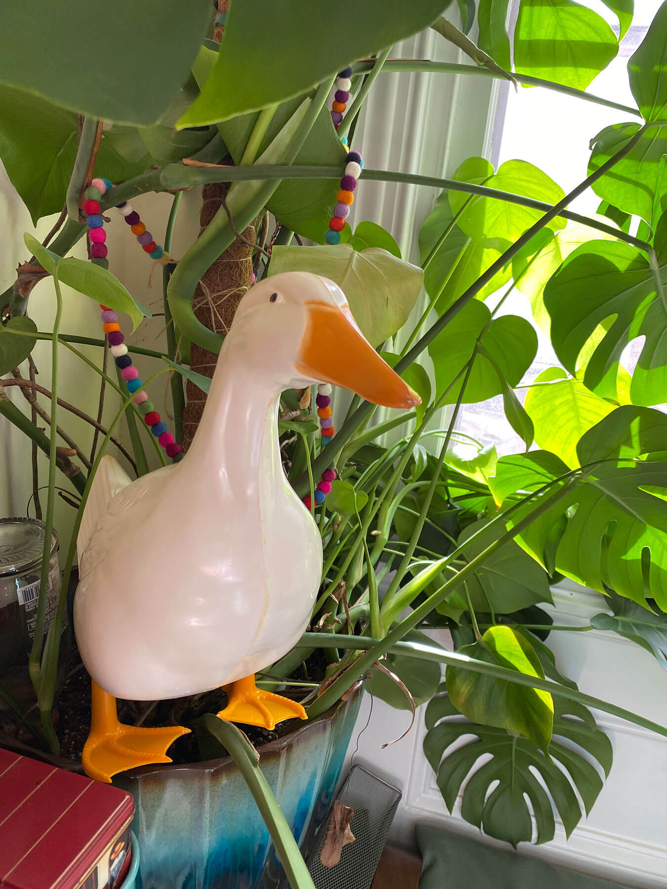 a ceramic duck in the middle of a monstera plant