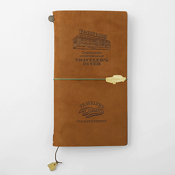 An animation of the brass car charm moving across the leather journal cover.