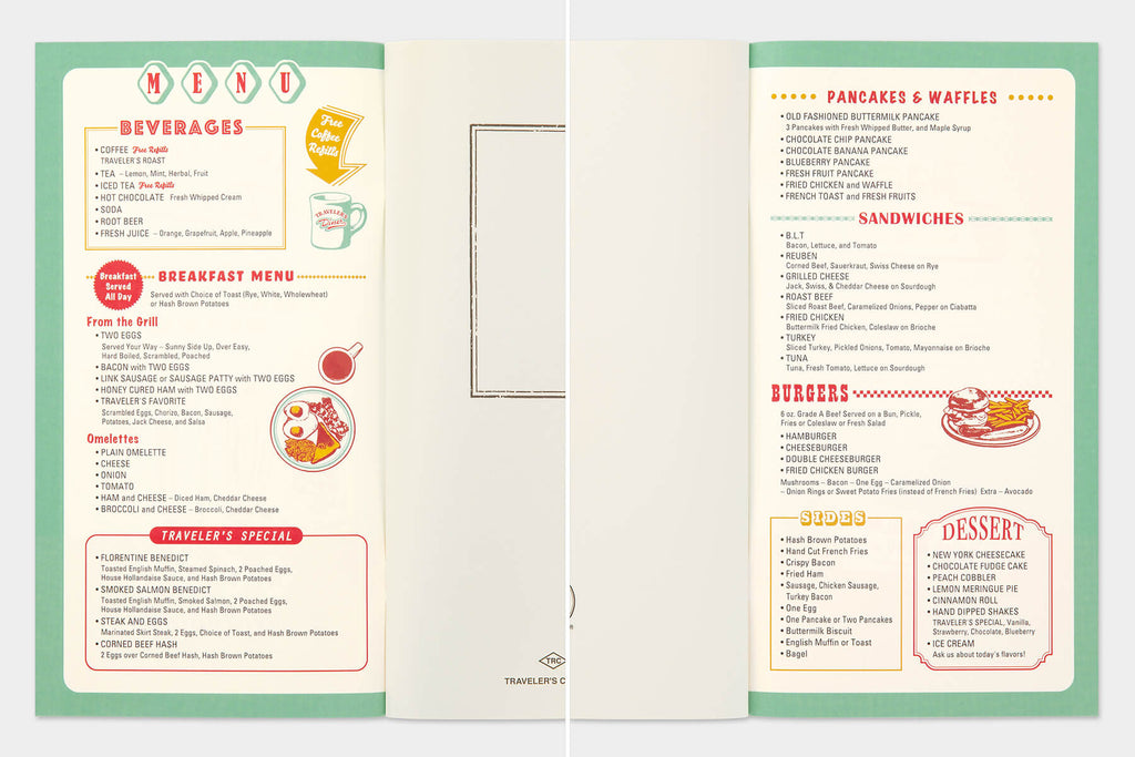 Detail shot of notebook inside cover, themed like a diner menu