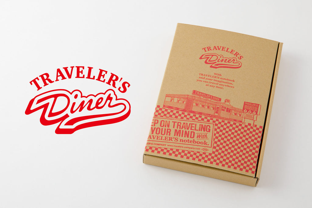 the TRAVELER'S DINER package design, a kraft paper box with red ink