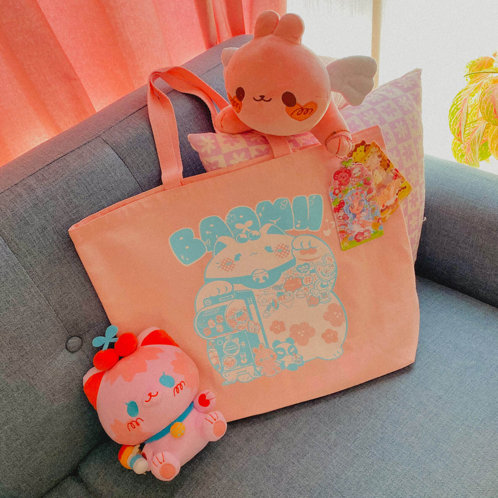 bunnii and cherie plushies I designed alongside baomii tote