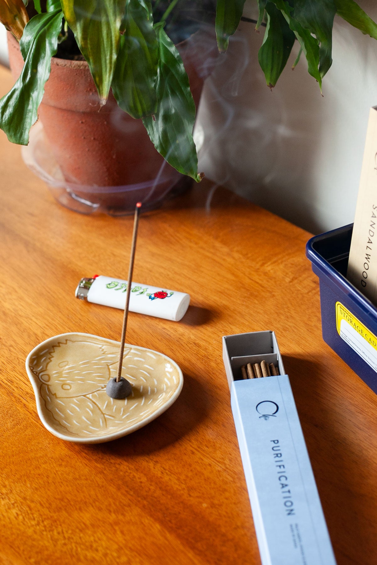 Incense burning on a tabletop
