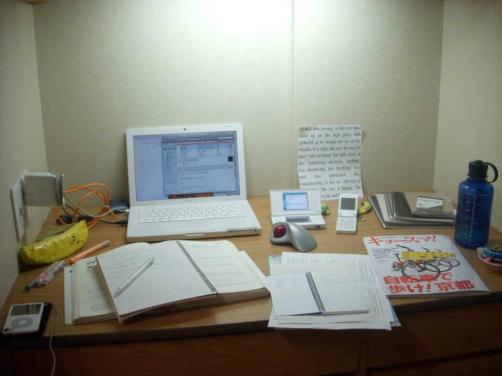 Monk's desk at Kansai Gaidai mid-study session