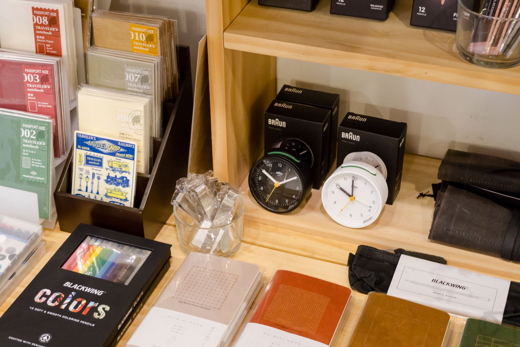 Braun and other refined desk supplies sit between Blackwing pencil goods and TRAVELER'S COMPANY refills