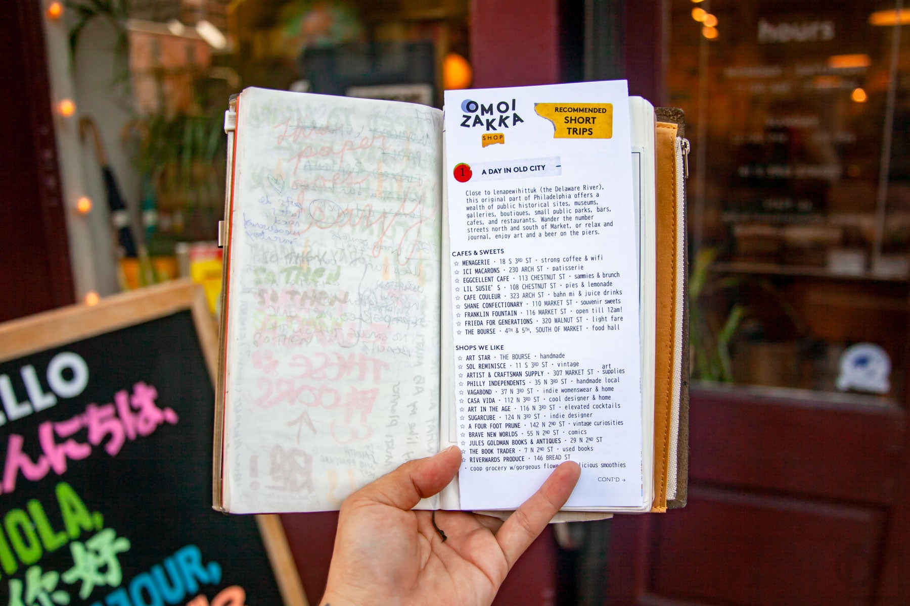 Holding our Recommended Short Trips guide in my Traveler's Notebook in front of Omoi's storefront