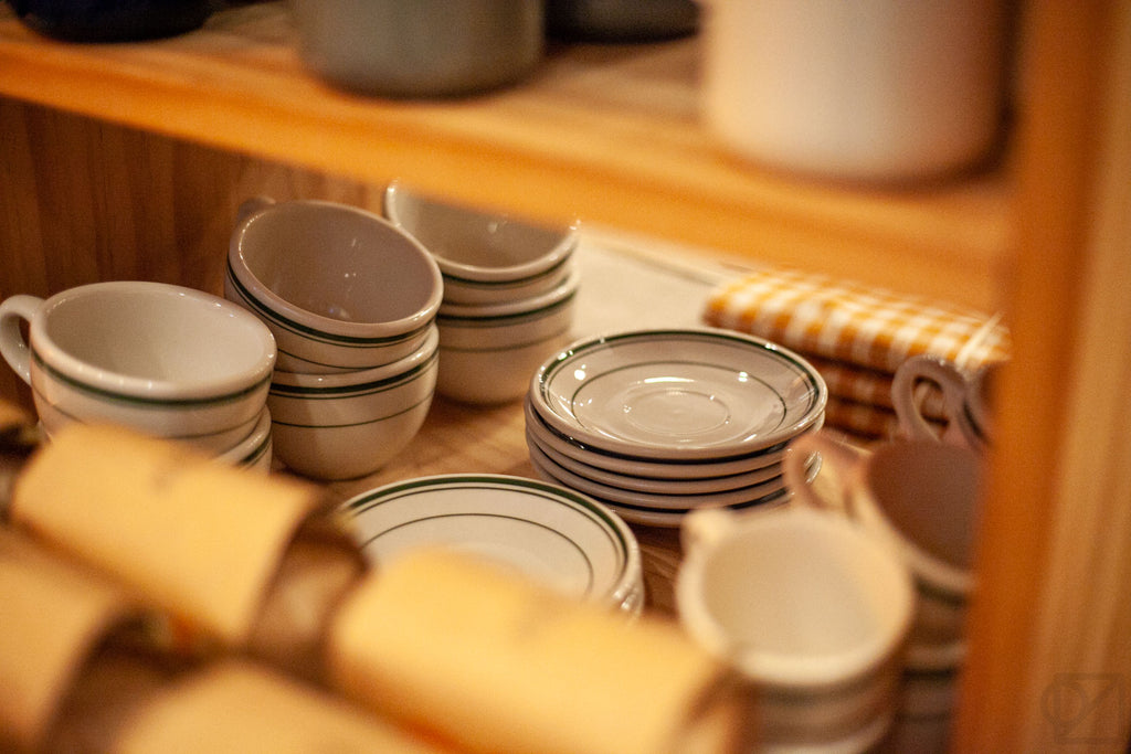 Diner cups and saucers in a classic green stripe