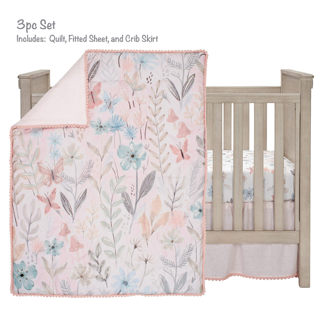 Baby Blooms 3 Piece Pink Floral Butterfly Baby Crib Bedding Set Lambs Ivy