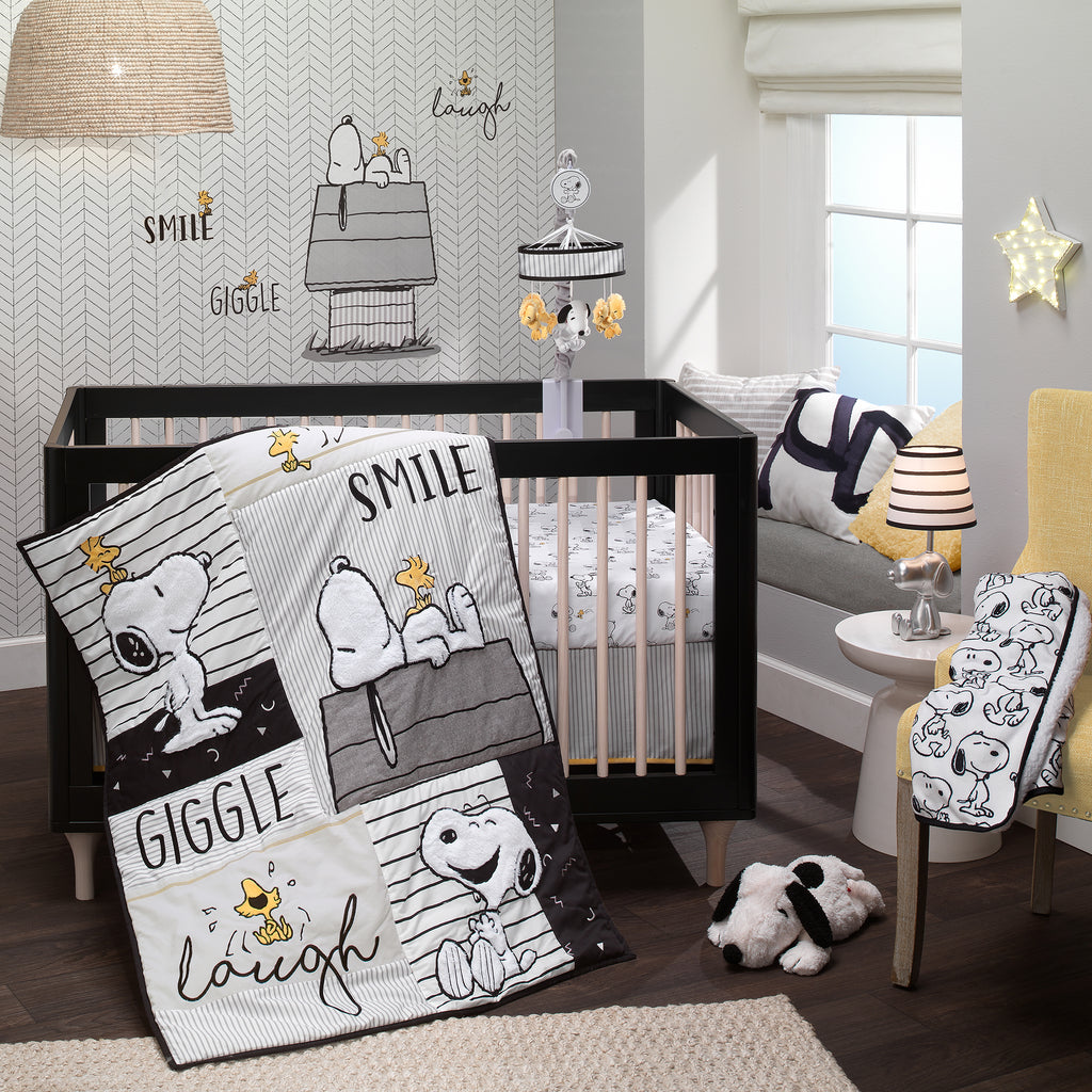 Classic Snoopy White Black Gray 3 Piece Baby Crib Bedding Set