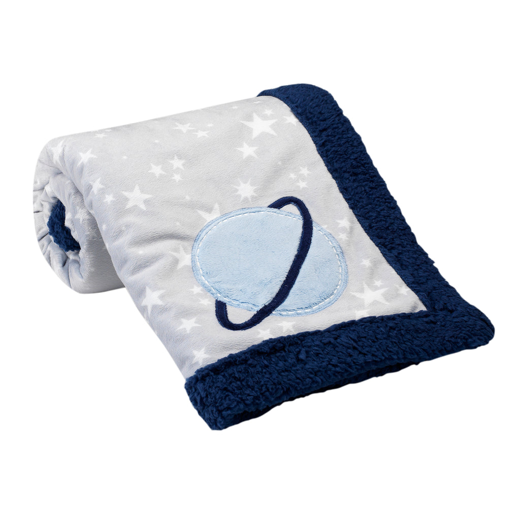 Milky Way Gray Blue Stars And Planet Minky Sherpa Soft Baby Blanket