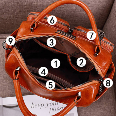 Classical Multi Pockets Leather Handbag Large Capacity Retro Tote Work ...